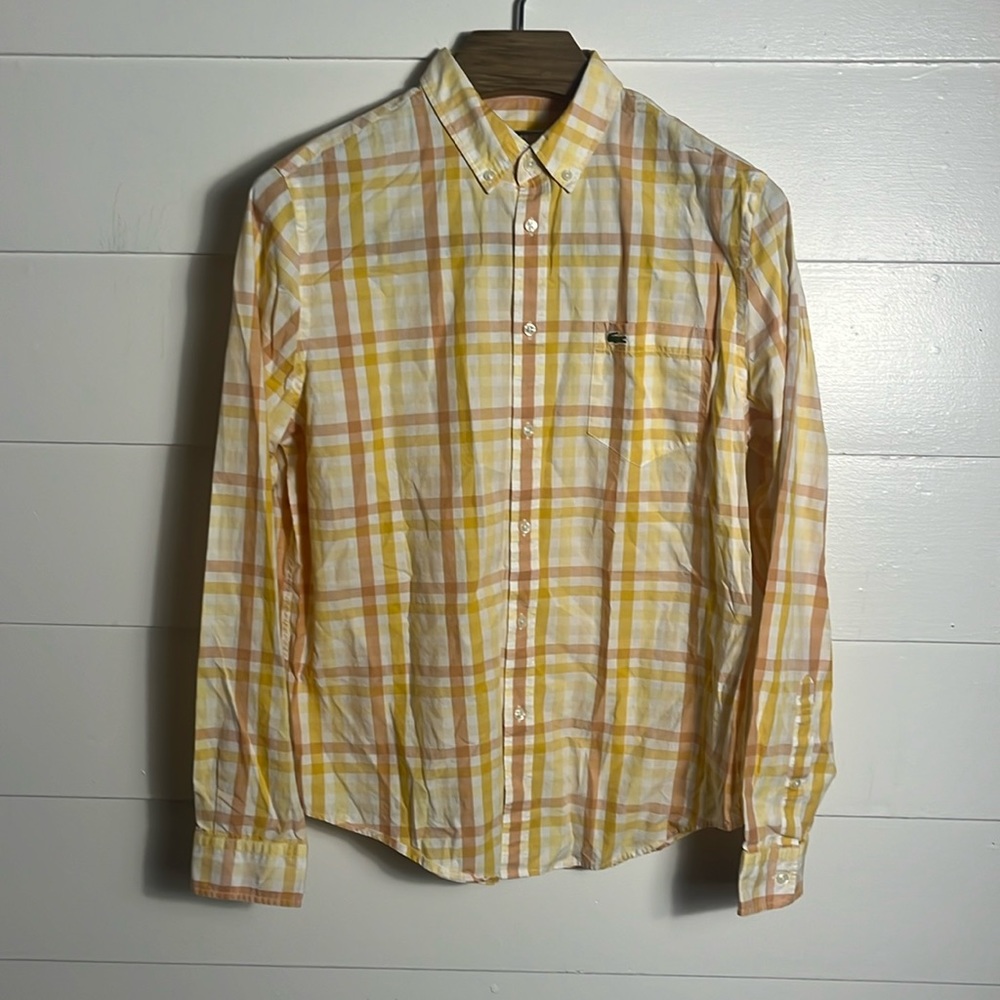 Lacoste Men's Long Sleeve Yellow White Plaid Long Sleeve Shirt Size 42